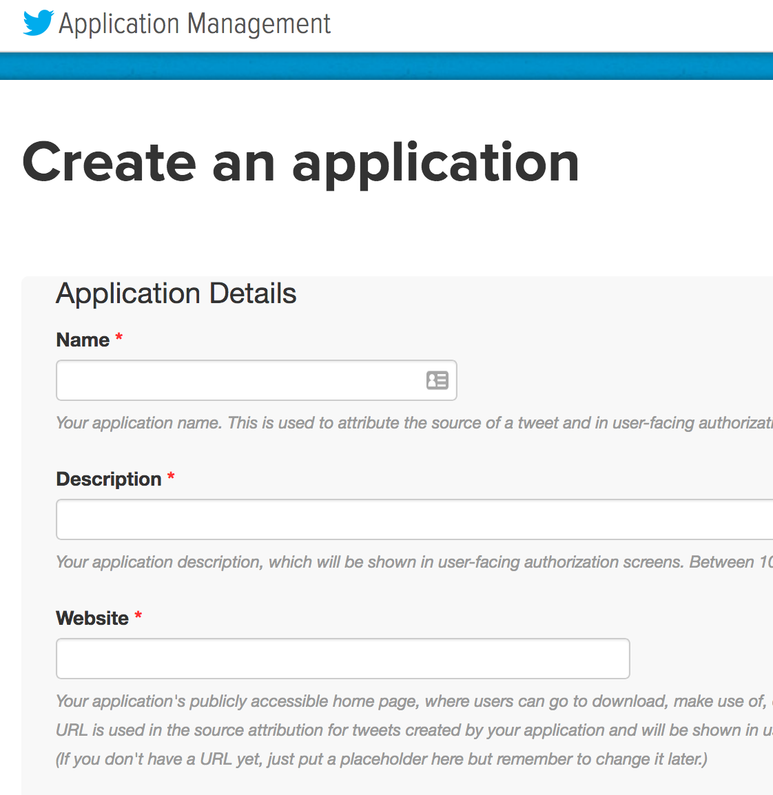 a screenshot of the Twitter application creation page