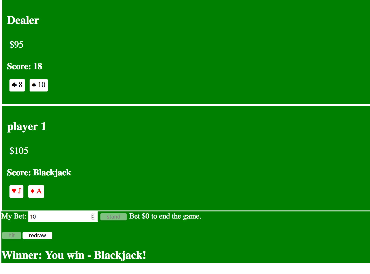 screenshot of a Blackjack game
